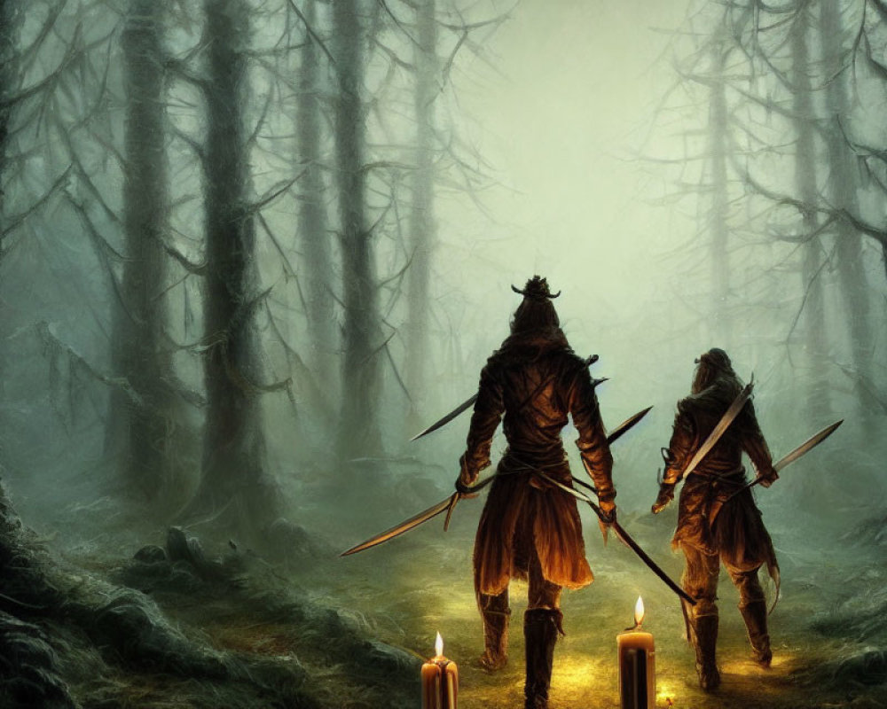 Armored medieval warriors in misty forest with swords drawn and eerie glow.