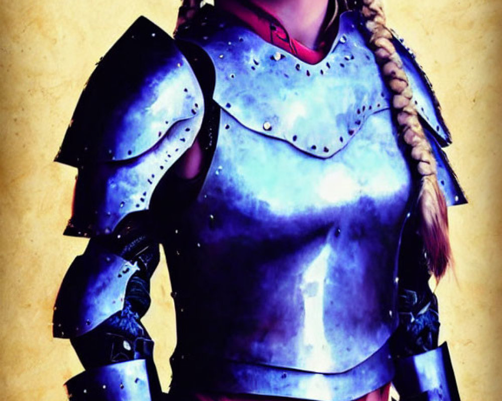 Braided hair woman in medieval plate armor on yellow background