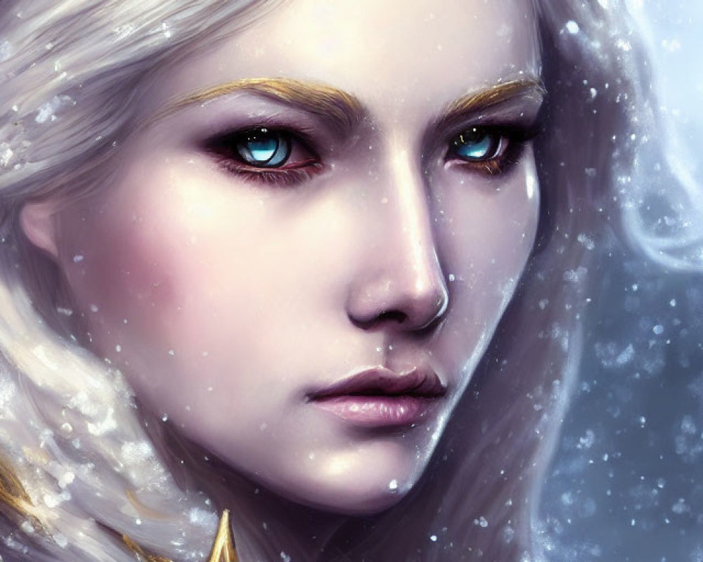 Regal figure with pale skin and golden crown in snowy setting