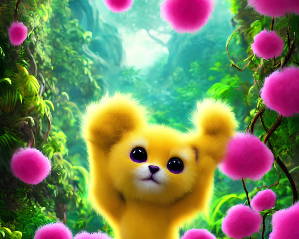 Fluffy yellow creature with large ears in vibrant green foliage