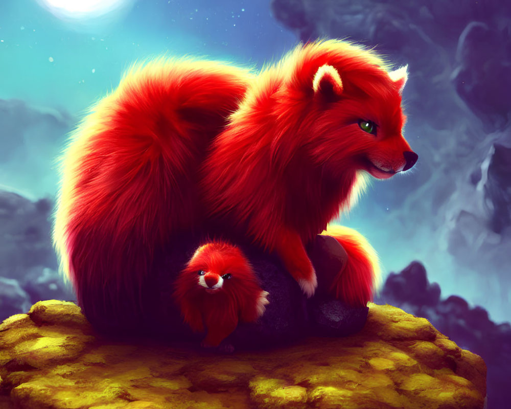 Fantasy fox creatures in moonlit sky scene