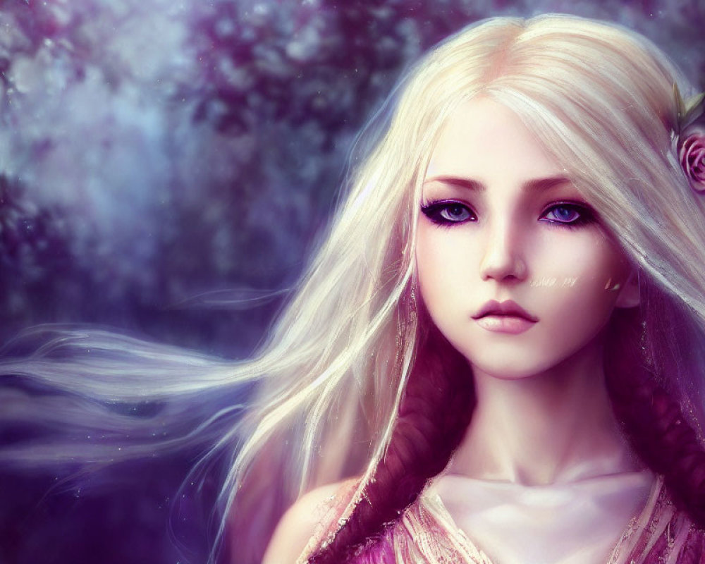 Fantasy digital artwork of blonde-haired female with purple eyes and rose in hair