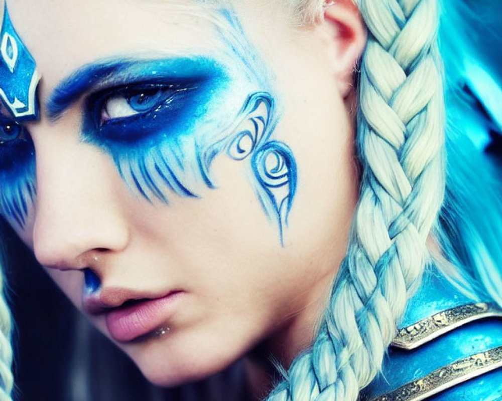 Person with Blue-themed Makeup and Braided Hair in Fantasy-style Armor