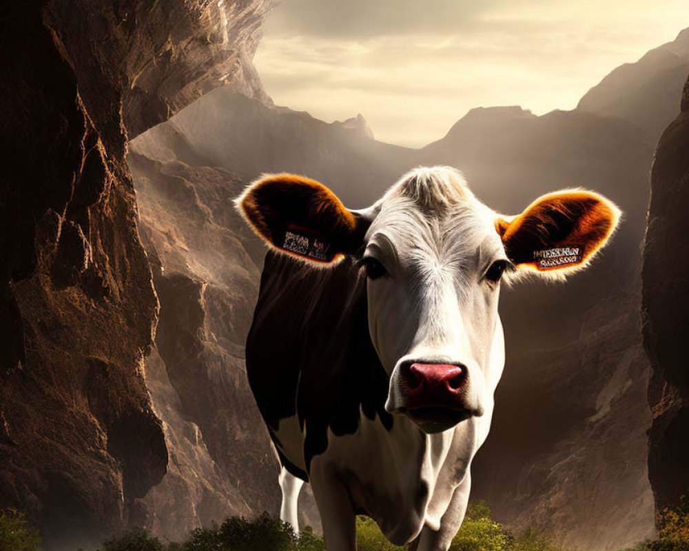 Curious cow in sunlit cave opening