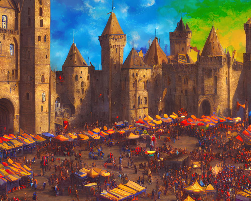 Medieval marketplace and grand castle with vibrant tents and crowds under dramatic sky