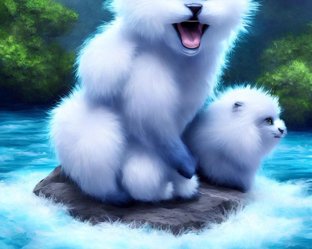 Large white feline creature with blue eyes and smaller companion by serene river