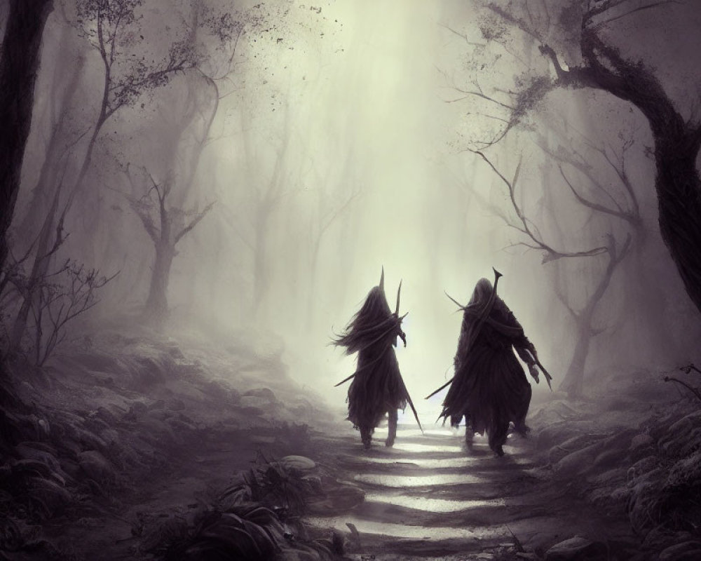 Monochrome mystical forest with cloaked figures in foggy setting