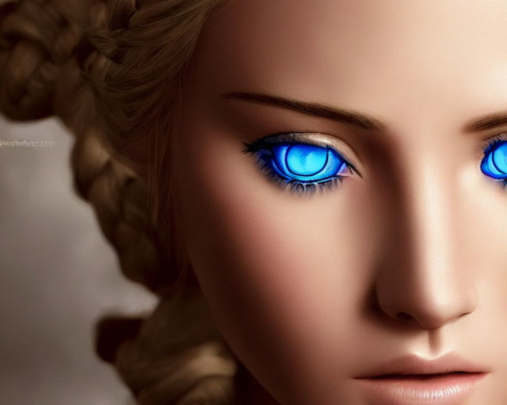 Detailed digital portrait of a woman with blue eyes and braided blonde hair