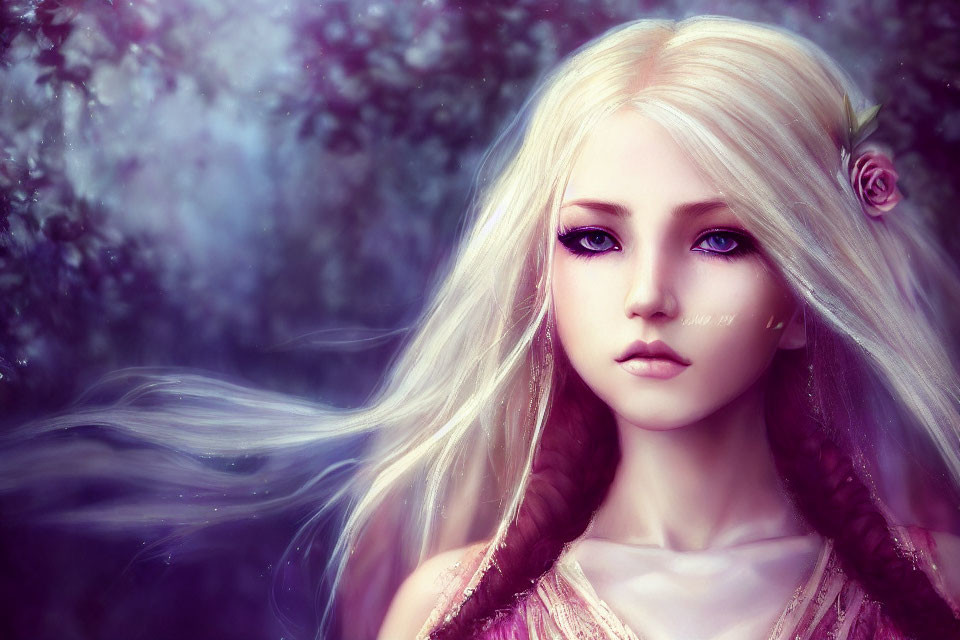 Fantasy digital artwork of blonde-haired female with purple eyes and rose in hair