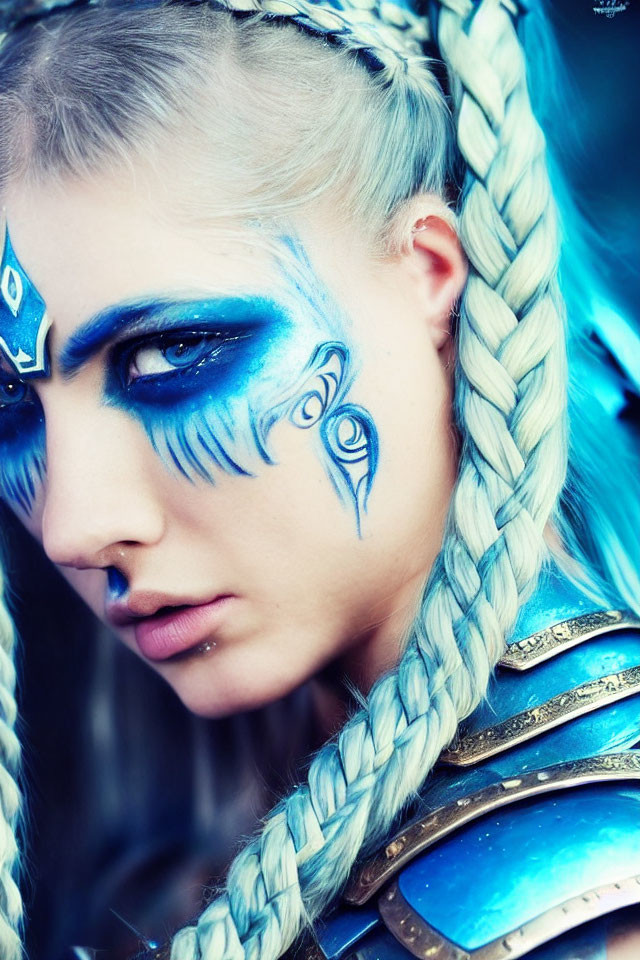 Person with Blue-themed Makeup and Braided Hair in Fantasy-style Armor