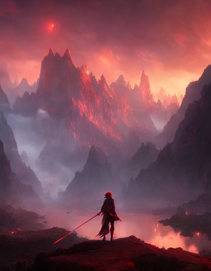 Cloaked figure with glowing sword in mystical mountain landscape