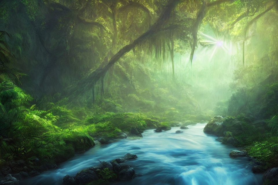 Misty sunlight in lush green forest with river