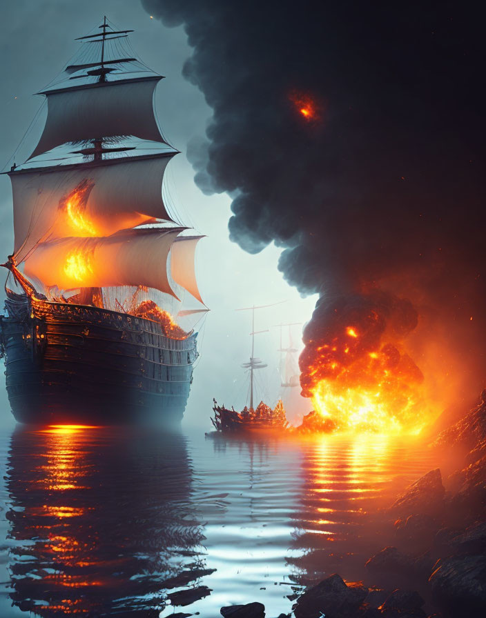 Burning ship scene with flames and dark smoke at sea