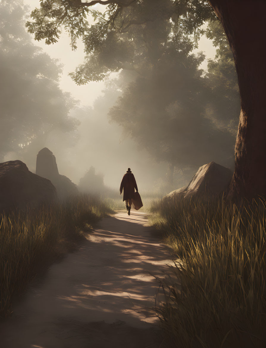 Solitary figure walking in serene forest with sunlight and mist