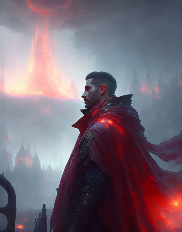 Stoic man in red cape against ominous landscape with fiery sky