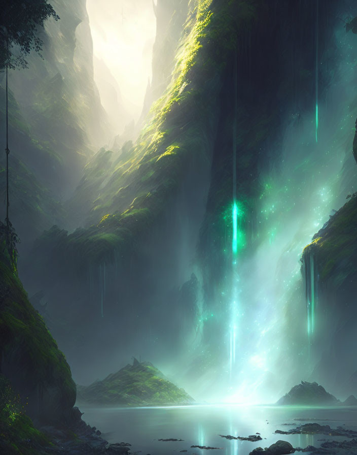 Lush Vegetation and Waterfalls in Green-Lit Cavern