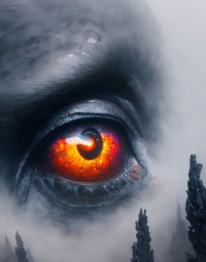 Fiery Orange and Red Reptilian Eye Close-Up in Misty Setting