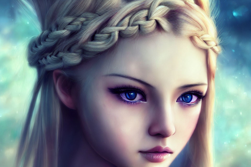 Female character digital art: intricate braided hair, violet eyes, starry blue background