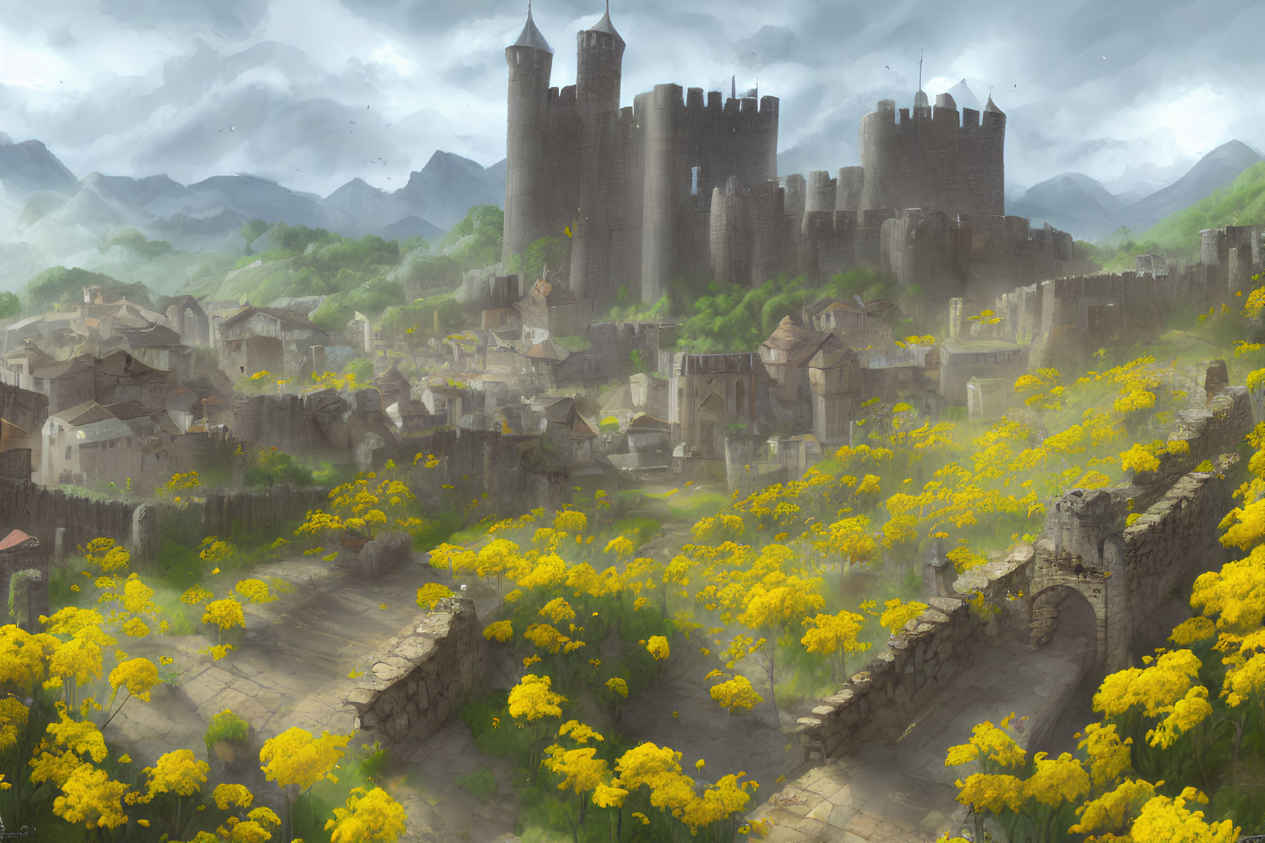 Medieval stone castle above village with rustic houses and yellow flowers, mountains in mist