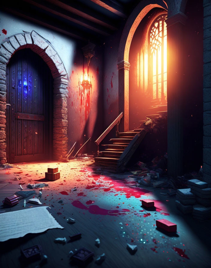 Dark room with blue door, blood-splattered wall, stained stairs, books, and barred window