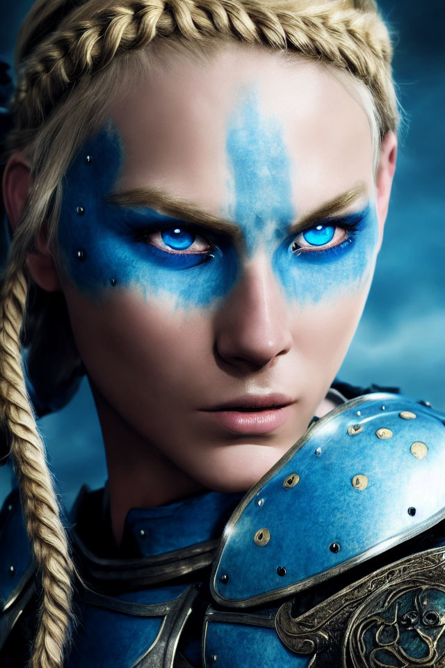 Portrait of Person with Striking Blue Eyes and Blue Face Paint in Blue Armor