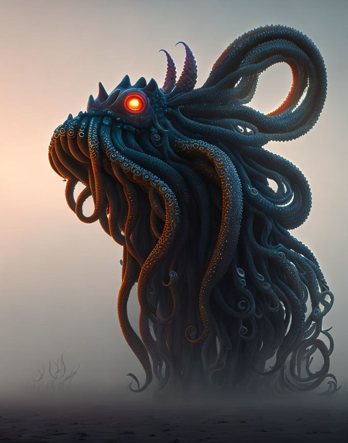 Mystical creature with crowned head and swirling tentacles in mist