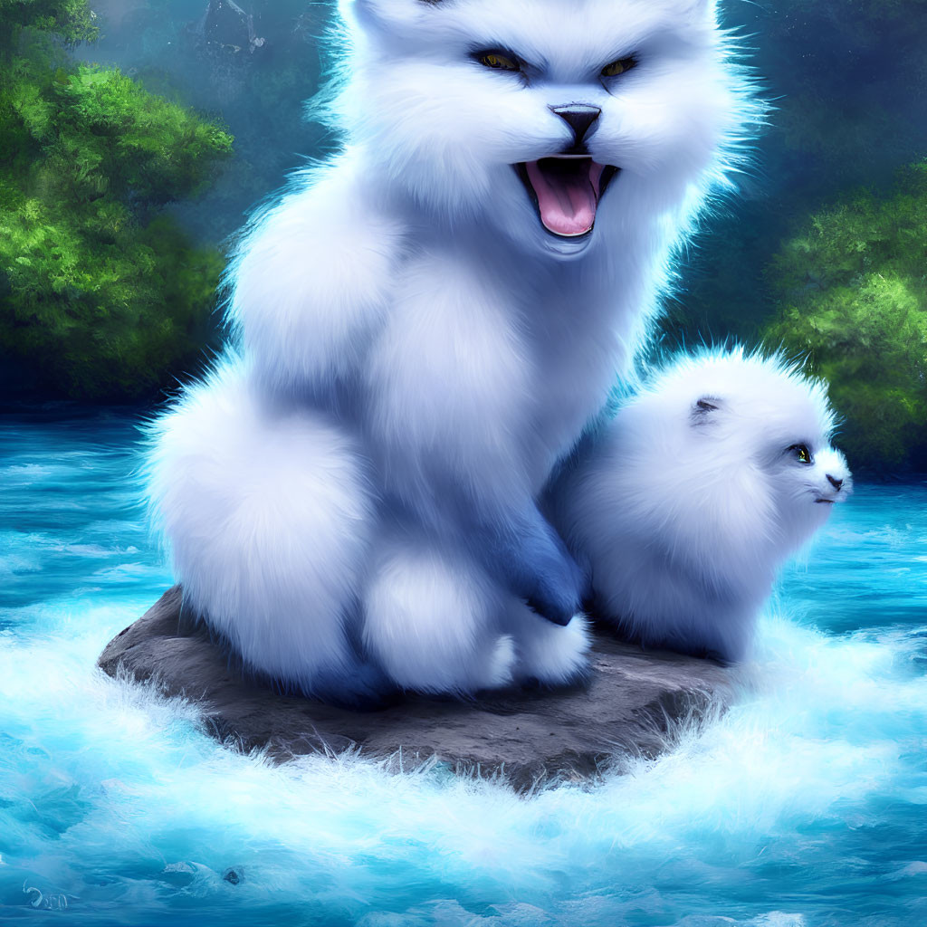 Large white feline creature with blue eyes and smaller companion by serene river