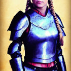 Braided hair woman in medieval plate armor on yellow background