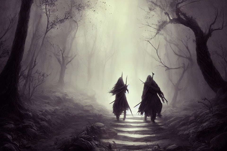 Monochrome mystical forest with cloaked figures in foggy setting