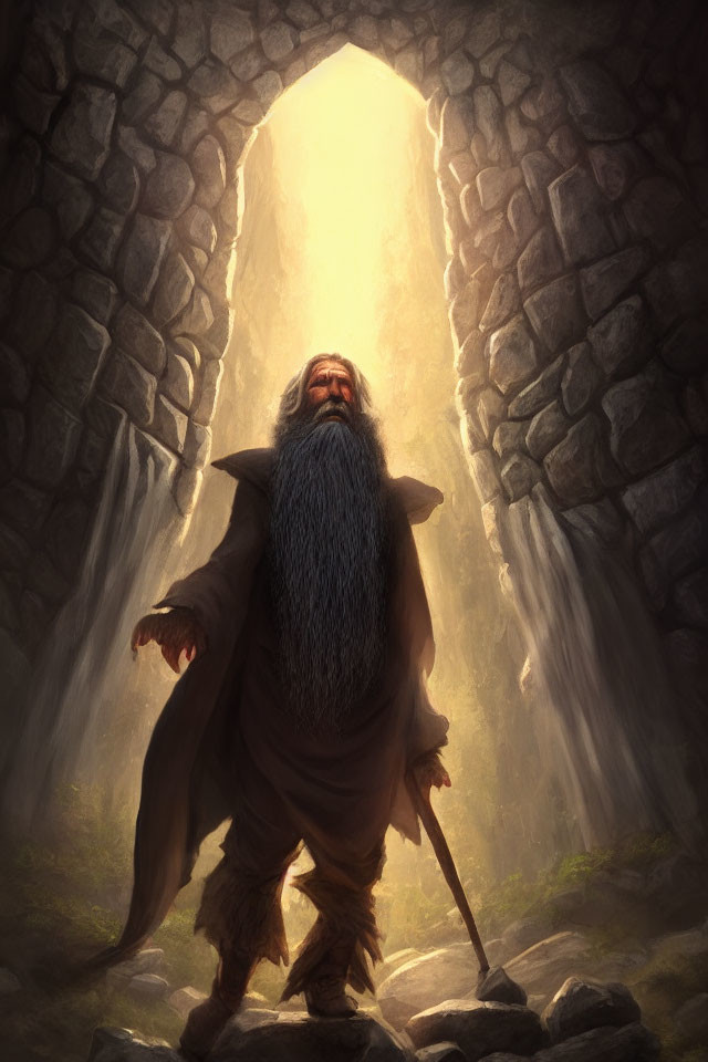 Bearded old wizard in stone archway with light streaming in