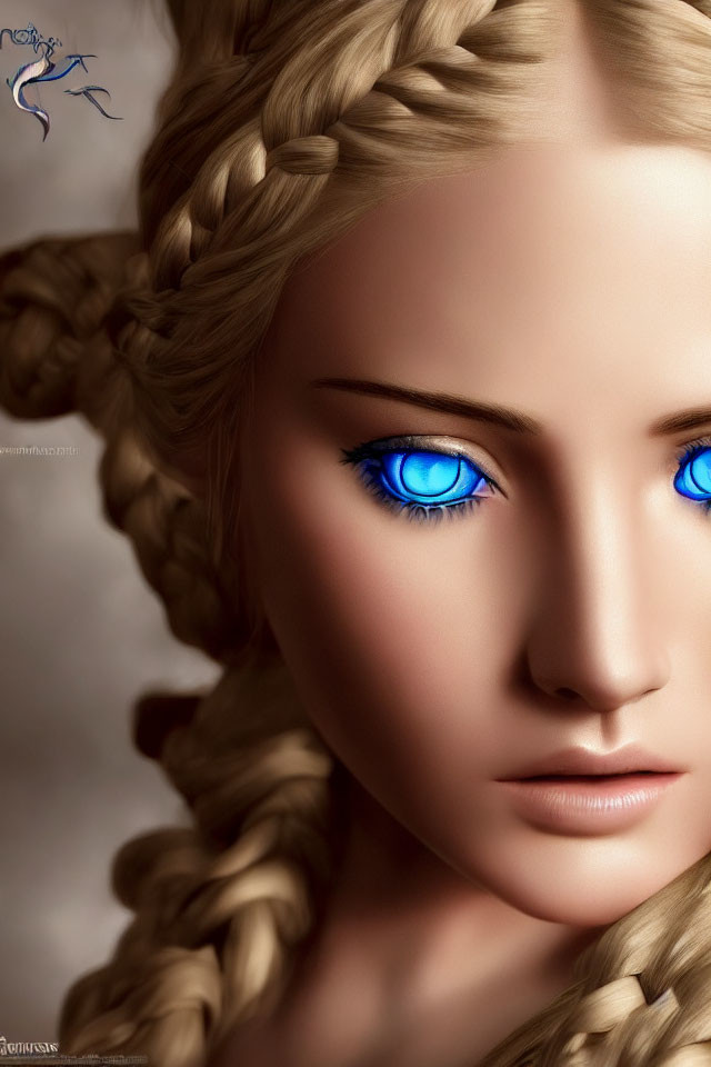 Detailed digital portrait of a woman with blue eyes and braided blonde hair