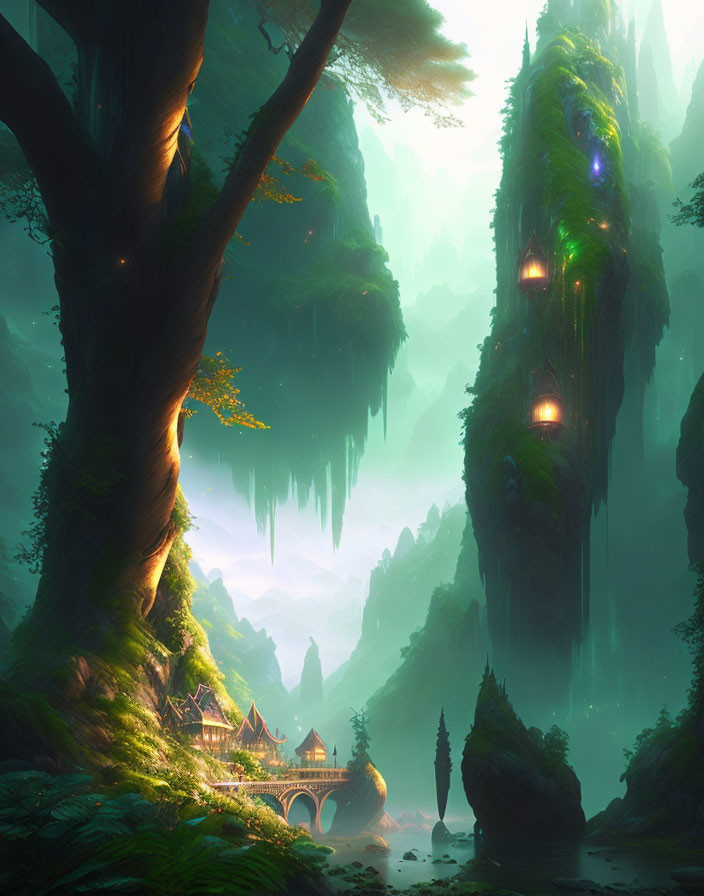 Misty forest scene with towering trees, bridge, house, lanterns, and stalactite background