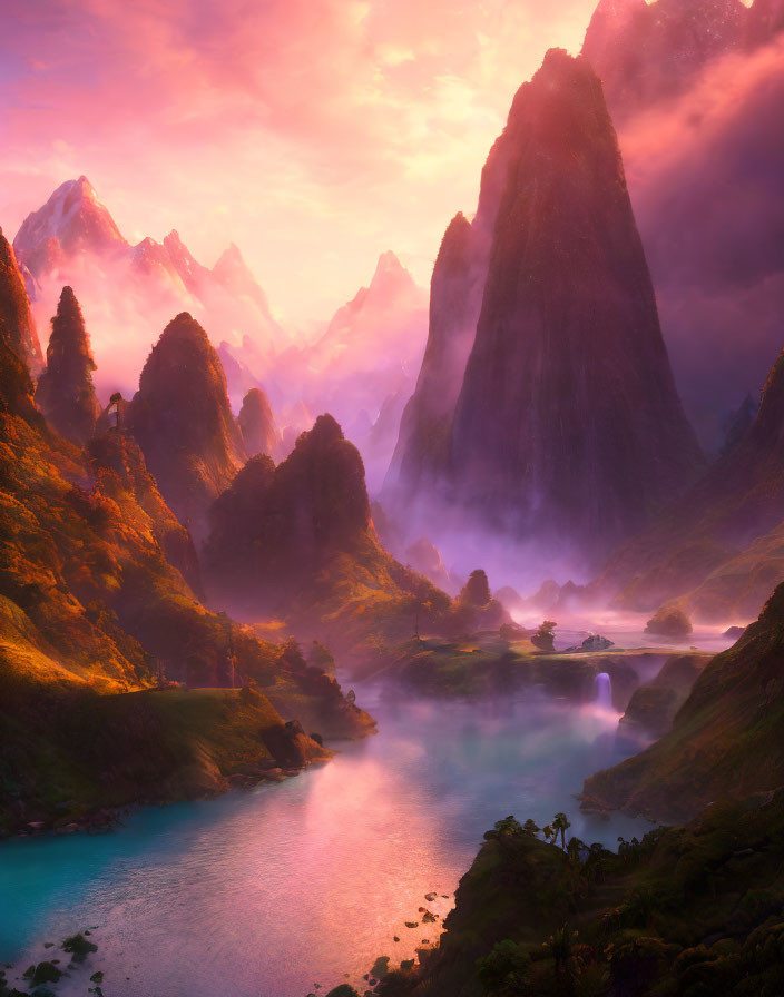 Majestic mountains, tranquil river, mist, colorful sunrise/sunset in vibrant landscape