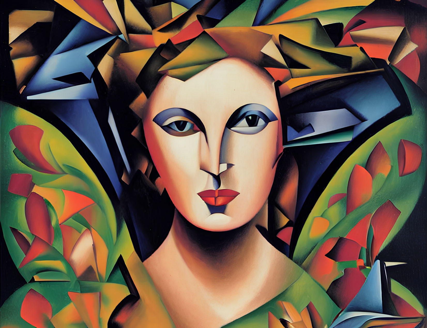 Colorful Abstract Cubist Portrait with Geometric Shapes and Leaf Patterns