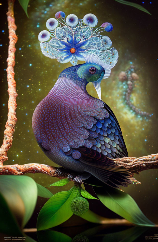 Colorful bird illustration perched on branch with floral crest