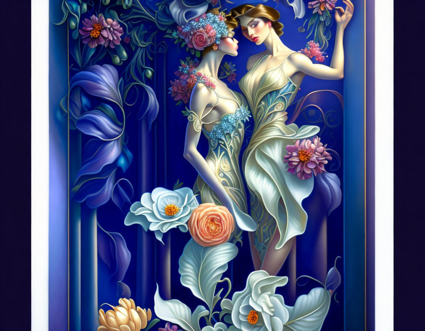 Stylized women in floral attire surrounded by vibrant nature in decorative frame