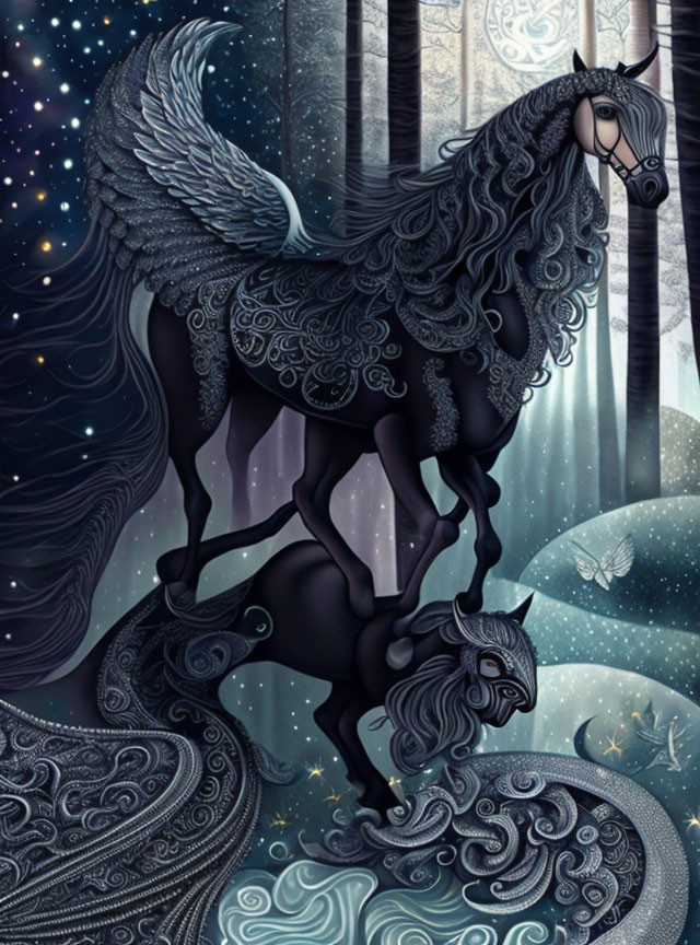 Illustrated black Pegasus with ornate wings in moonlit nightscape