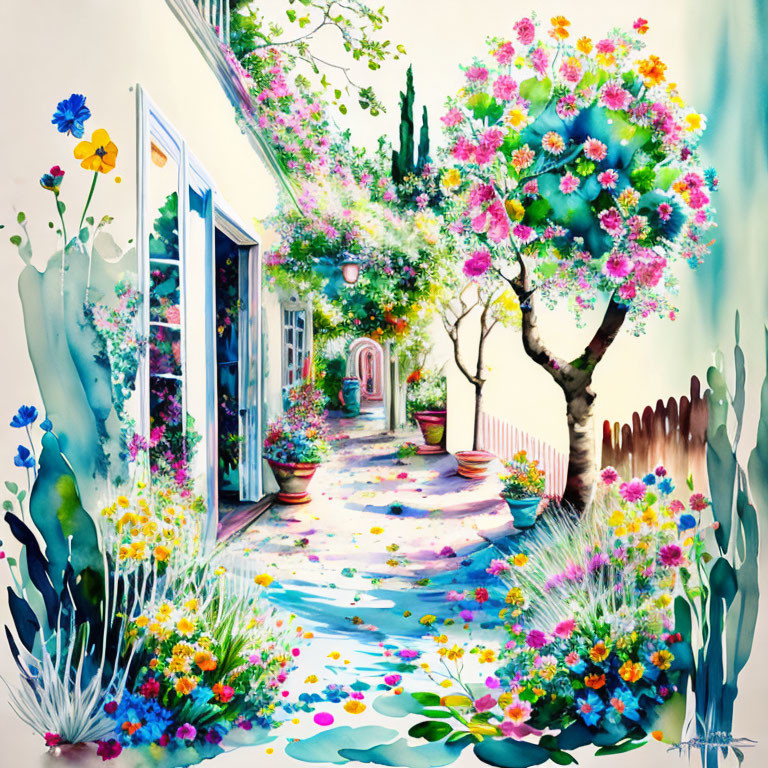 Colorful Watercolor Painting of Whimsical Garden Path