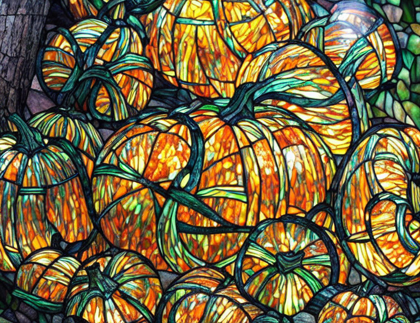 Colorful Stained Glass Artwork of Pumpkins with Lighting Effects