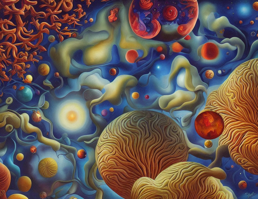 Vibrant surreal painting of organic cosmic landscape