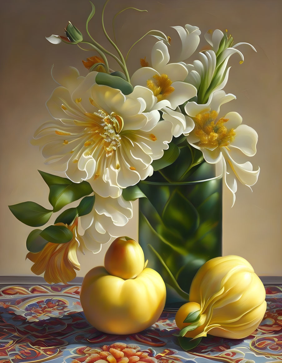 Creamy white flowers and yellow quinces in green vase on warm-toned backdrop