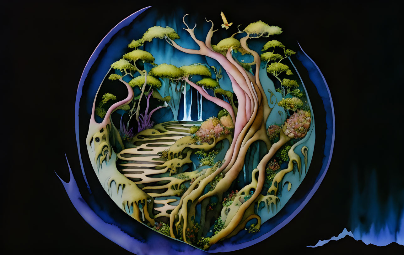 Circular Surreal Landscape Painting with Stair-like Terraces, Trees, Waterfall, and Portal View