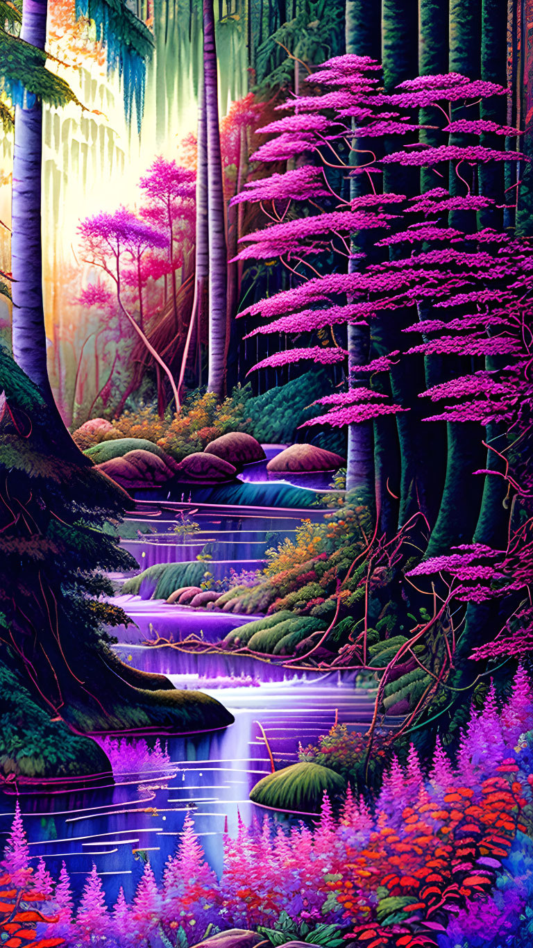 Colorful fantasy forest: Purple and pink foliage, tranquil river, ethereal light