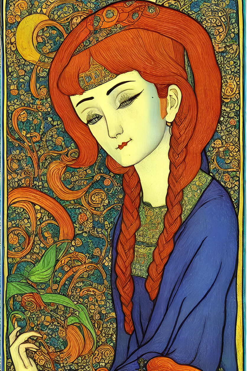 Art Nouveau style illustration of woman with red braided hair in regal headdress