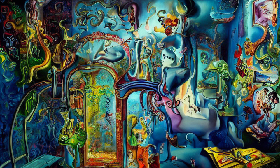 Colorful surreal painting with distorted shapes and faces in abstract scene