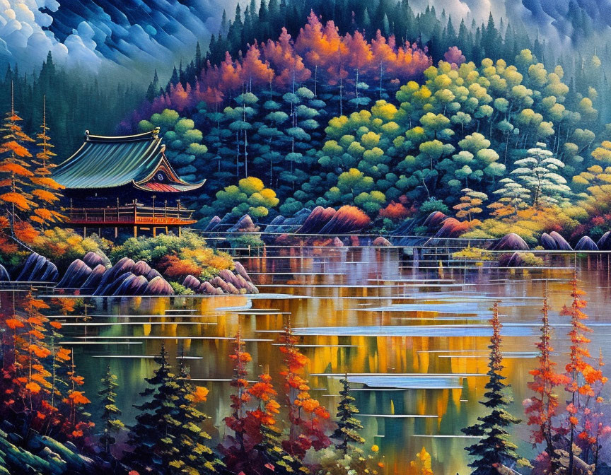 Autumnal scene with traditional pavilion by calm lake.