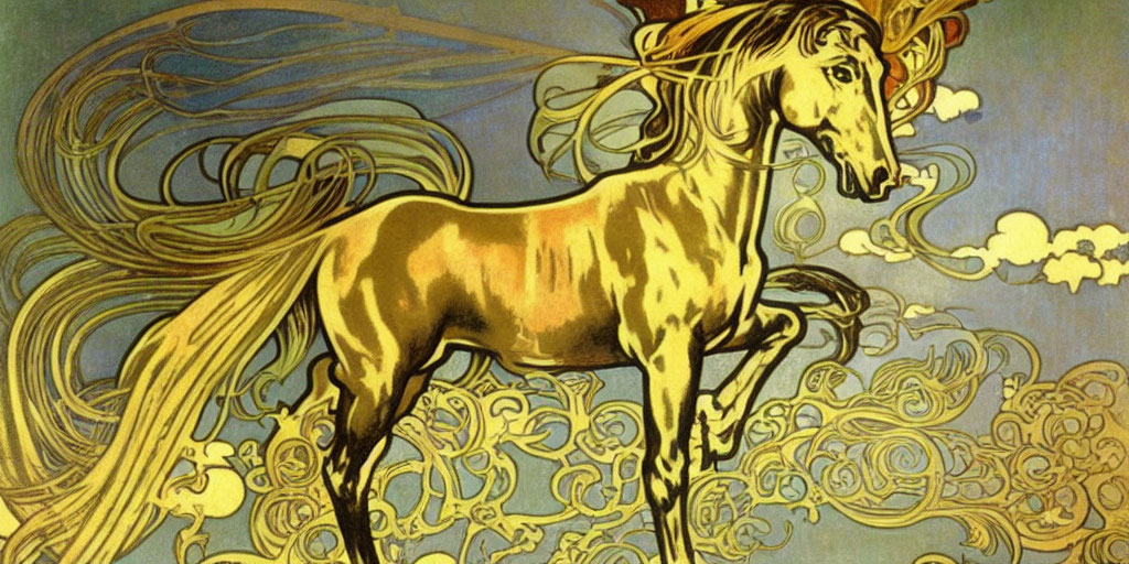 Golden horse illustration in Art Nouveau style with intricate patterns.