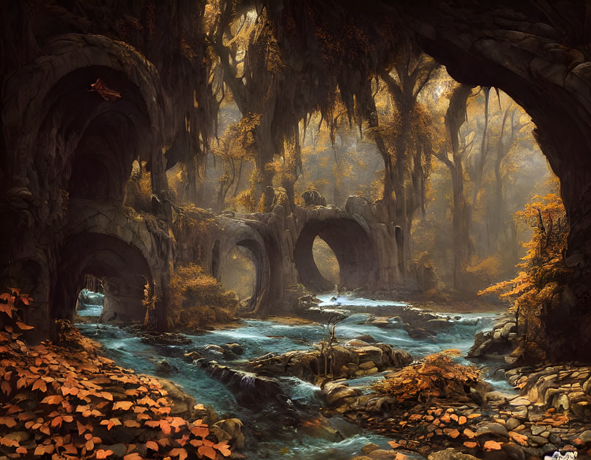 Enchanted forest scene with stone bridges, serene river, autumn trees, soft sunlight