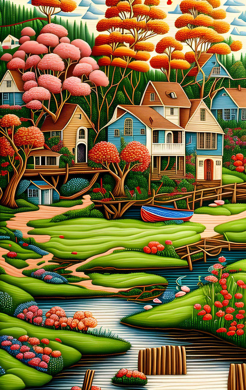 Colorful Stylized Landscape with Whimsical Houses and River