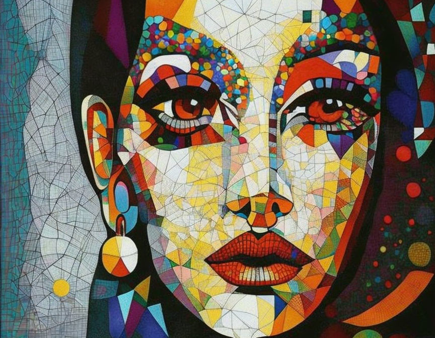 Colorful abstract mosaic of woman's face with geometric shapes and vibrant hues